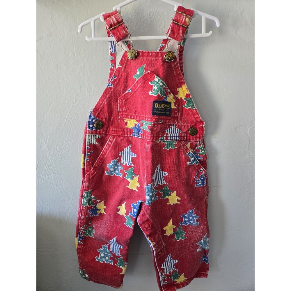 Vintage OshKosh B'gosh Vestbak Red Clown Print Denim Overalls One-Piece 12M Rare